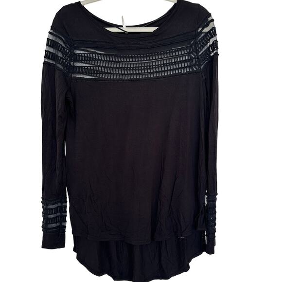 Free People Women's Black Mesh Insert Roxie Long Sleeve Hi-Low Top, Size M, GUC - Picture 1 of 10